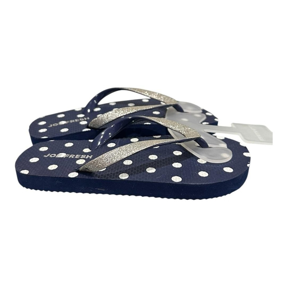 Joe Fresh Flip Flop Sandals Girls Size 12.5 Blue Polka Dot Glitter Beach Shoes